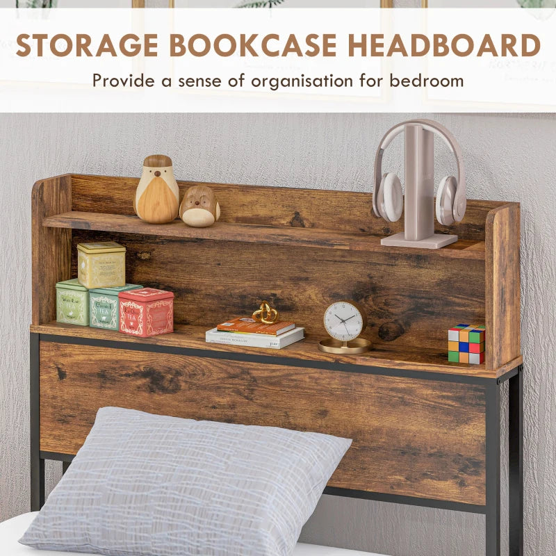Industrial Single Bed Frame 3.1FT Steel Base with Storage Headboard & Footboard, Slatted Support, Rustic Brown 95x209cm