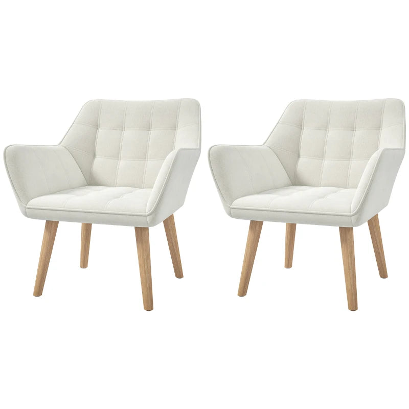 Set of 2 Cream White Accent Chairs with Slanted Back, Thick Padding & Rubber Wooden Legs for Living Room