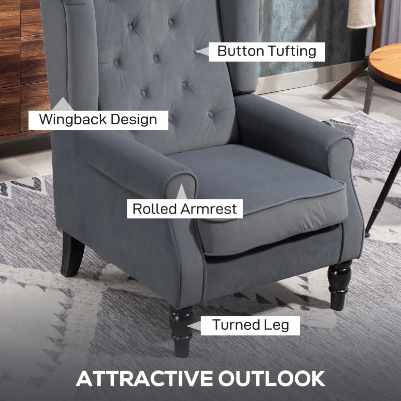 Retro Upholstered Wingback Accent Chair with Button Tufting for Living Room and Bedroom in Grey