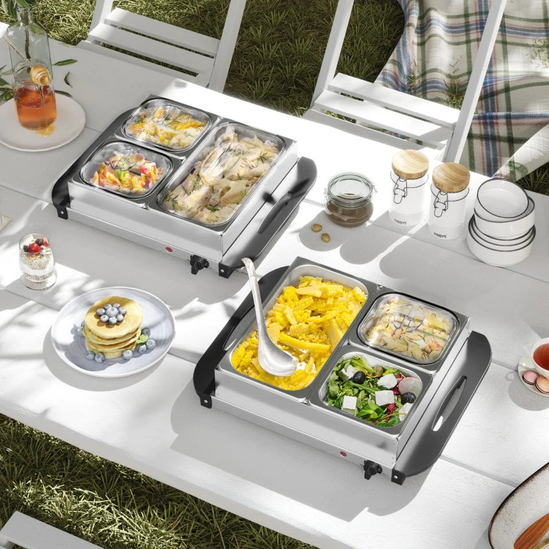 4.5L Stainless Steel Electric Buffet Server Set of 2 with 3 Trays & Lids - Perfect for Parties & Events