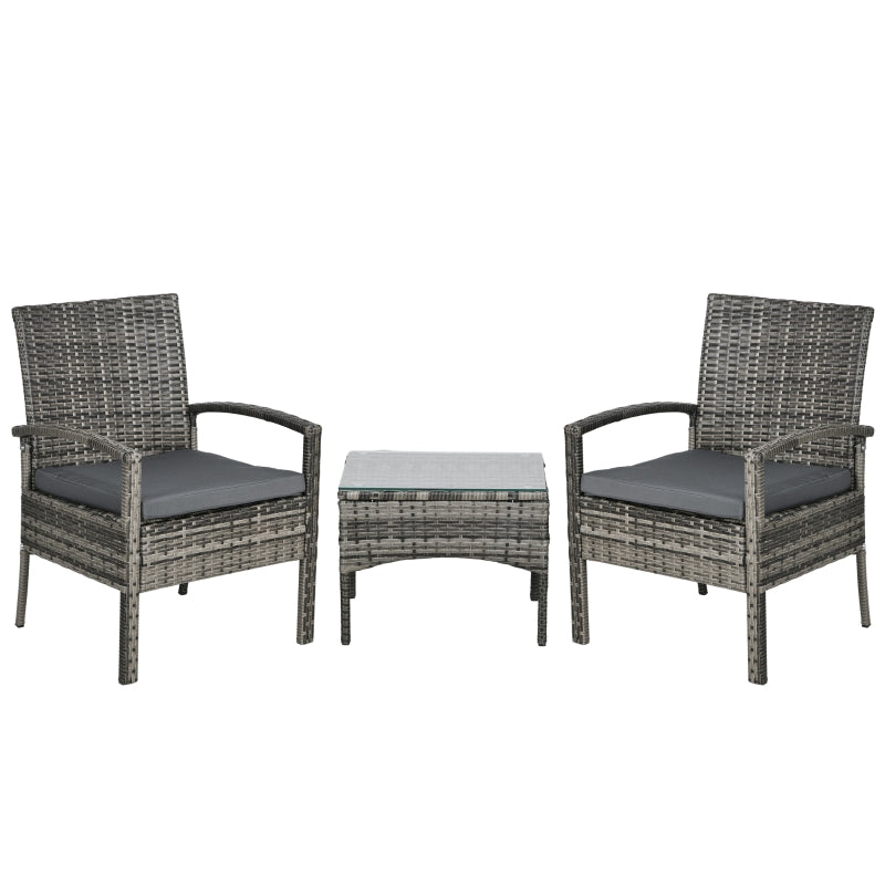 3-Piece Grey Rattan Patio Bistro Set with Cushioned Chairs