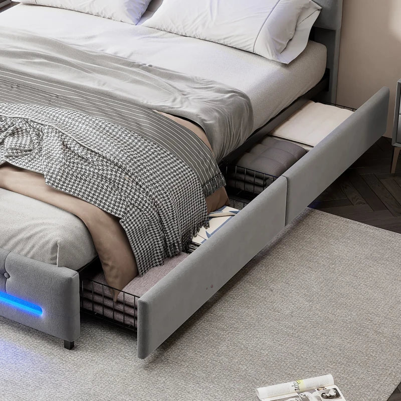 Velvet Upholstered Double Bed with Storage & LED Lights - Soft Backrest, 4 Drawers, Gray - 198x140x98 cm