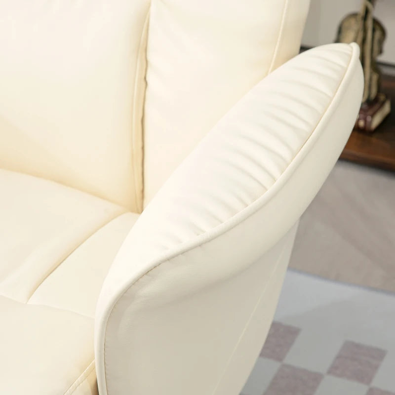 Cream White Swivel Recliner Chair with Footstool - PU Leather Armchair and Ottoman for Living Room