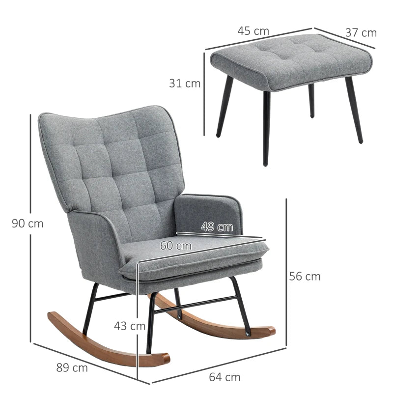 Stylish Grey Linen-Look Rocking Chair and Ottoman Set for Comfortable Relaxation