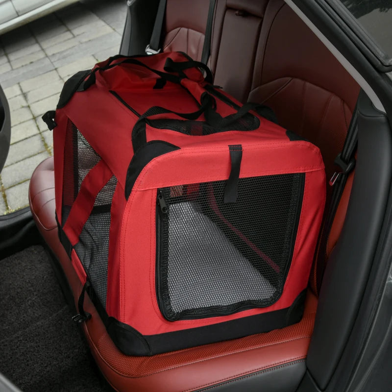 Foldable Pet Carrier for Small Dogs & Cats - Portable Soft-Sided Travel Crate with Removable Mat & Mesh Window - Red 60x42x42cm