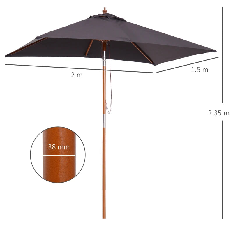 Grey 2m x 1.5m Tilting Garden Parasol Umbrella with Wood and Bamboo Frame