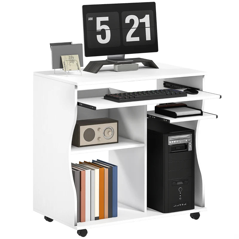 Multi-Storage Compact Work Desk on Wheels - Modern White Home Office Furniture for Small Spaces