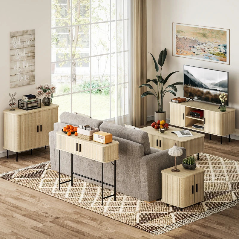 Mid-Century Modern Sideboard Storage Cabinet with Sliding Doors and Steel Legs in Oak Tone