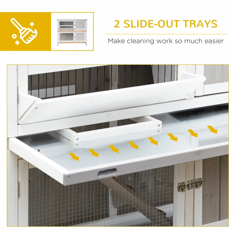 White Wooden Pet Hutch - Two-Tier Cage with Rain Cover & Wheels for Easy Mobility - Perfect for Rabbits & Small Pets