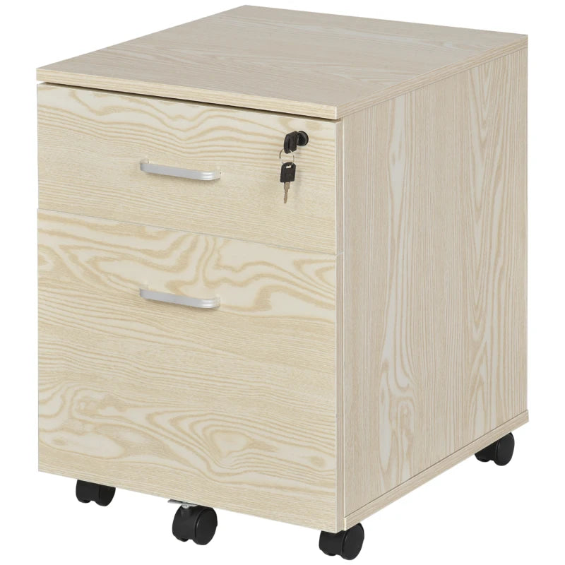 Vinsetto 2-Drawer Locking Office Filing Cabinet with 5 Wheels - Oak Wood Grain Storage for A4 Files & Home Organization