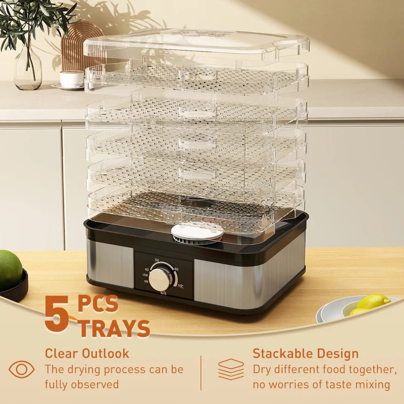 5-Tier Stainless Steel Food Dehydrator - 245W Adjustable Temperature Dryer for Fruits, Vegetables, Jerky & Pet Treats - Black