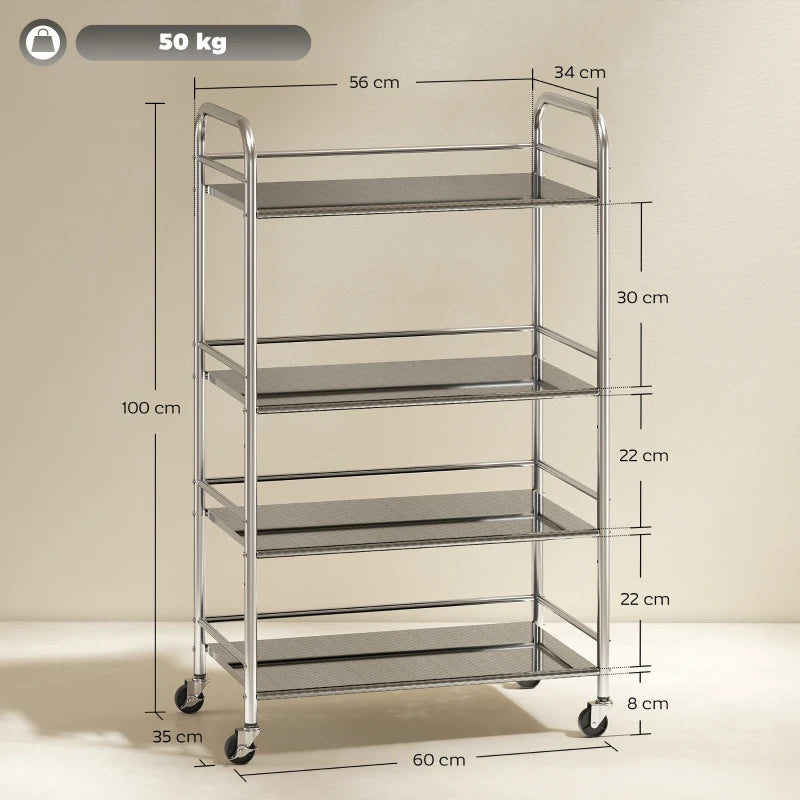 4-Tier Stainless Steel Kitchen Storage Trolley with Adjustable Shelves - Versatile Silver Cart for Organizing Kitchen Essentials