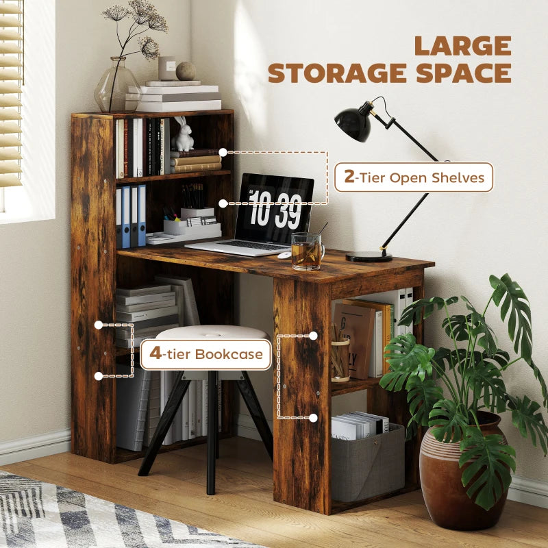 120cm Rustic Brown Wooden Computer Desk with 6-Tier Bookshelves - Home Office Laptop Table & Writing Workstation