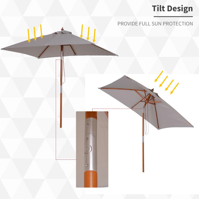 Grey 2m x 1.5m Tilting Garden Parasol Umbrella with Wood and Bamboo Frame