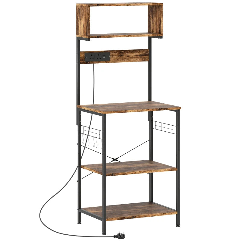 Rustic Brown Bakers Rack with Power Outlet & USB Charger - Adjustable Microwave Stand & Kitchen Storage Unit with 5 Hooks