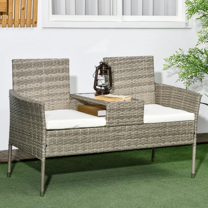 Grey Rattan Garden Loveseat with Glass Table & Cushions