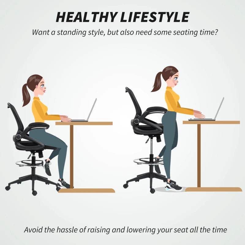Vinsetto Adjustable Drafting Chair with Flip-Up Armrests, Mesh Office Stool, 360° Swivel, Foot Ring for Standing Desks - Black