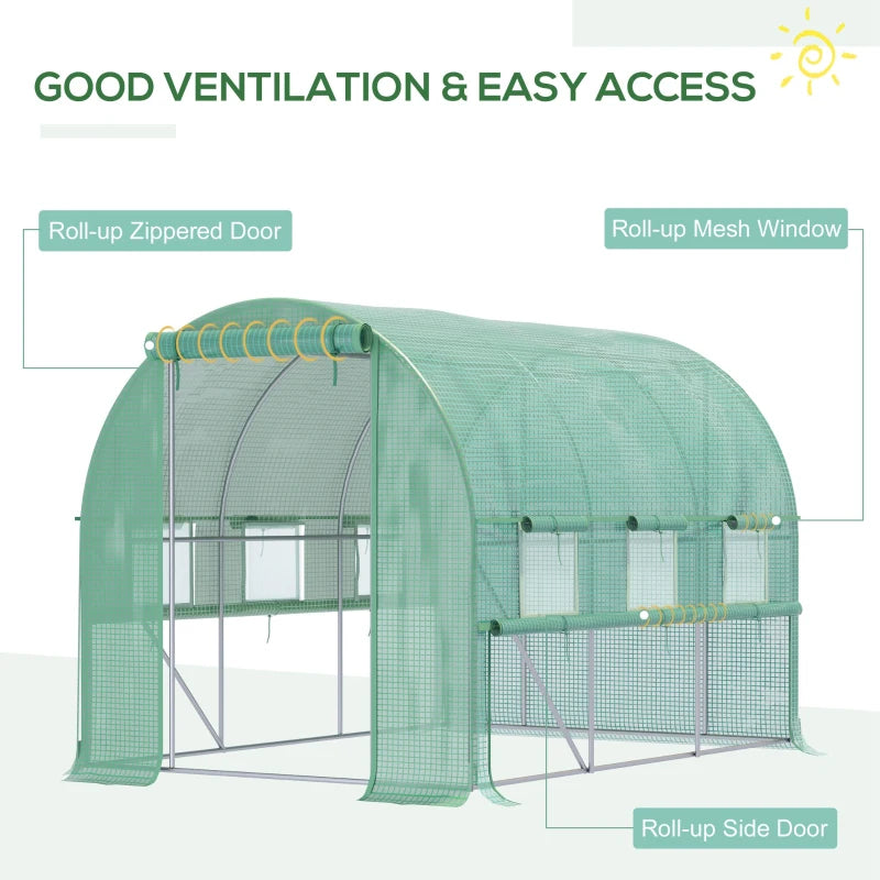 Green Walk-in Polytunnel Greenhouse with Roll-up Sidewalls, UV-resistant Cover, 3x2x2m