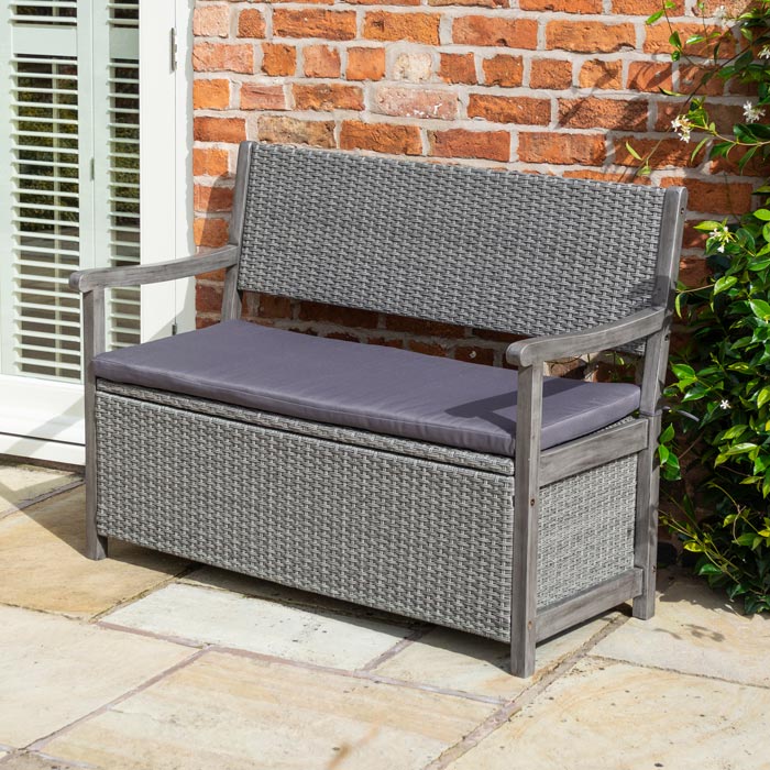 Rattan Storage Bench with Cushion - Outdoor Furniture