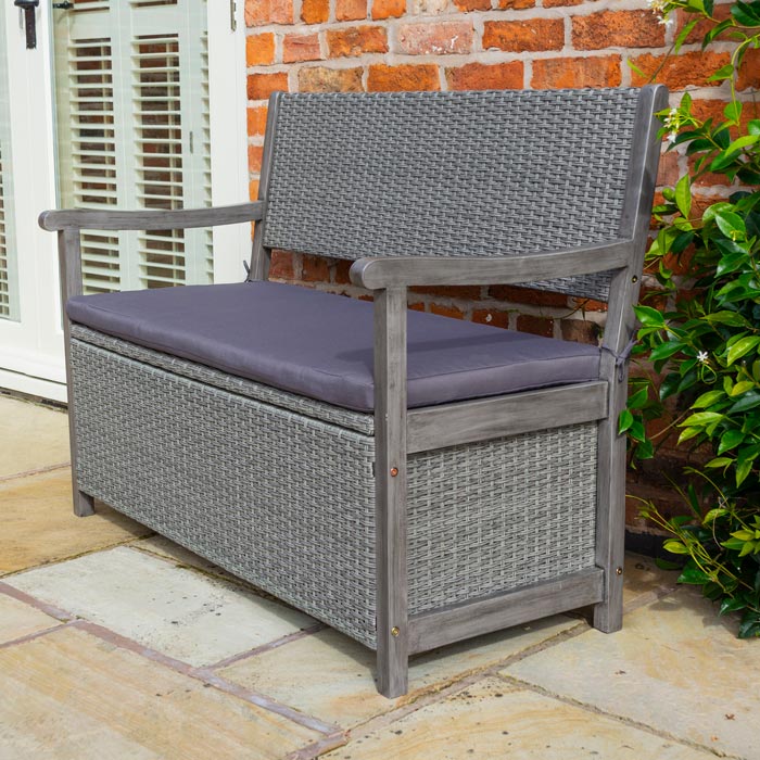 Rattan Storage Bench with Cushion - Outdoor Furniture