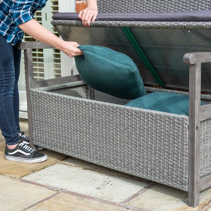 Rattan Storage Bench with Cushion - Outdoor Furniture