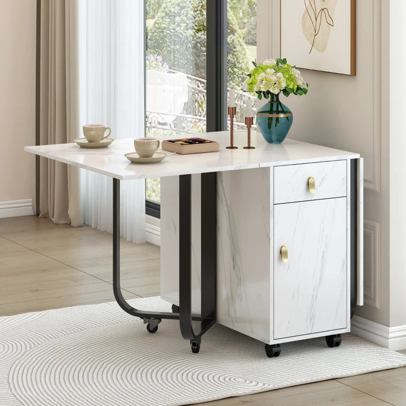 Folding Dining Table with Gold-Plated Handles - 3 Versatile Modes for Learning & Dining - Metal Frame - White/Black