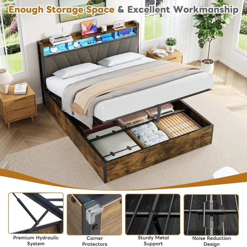Double Bed Frame with RGB LED Headboard & Charging Station, Hydraulic Storage, Linen Fabric, Black & Walnut, 205x136x109 cm