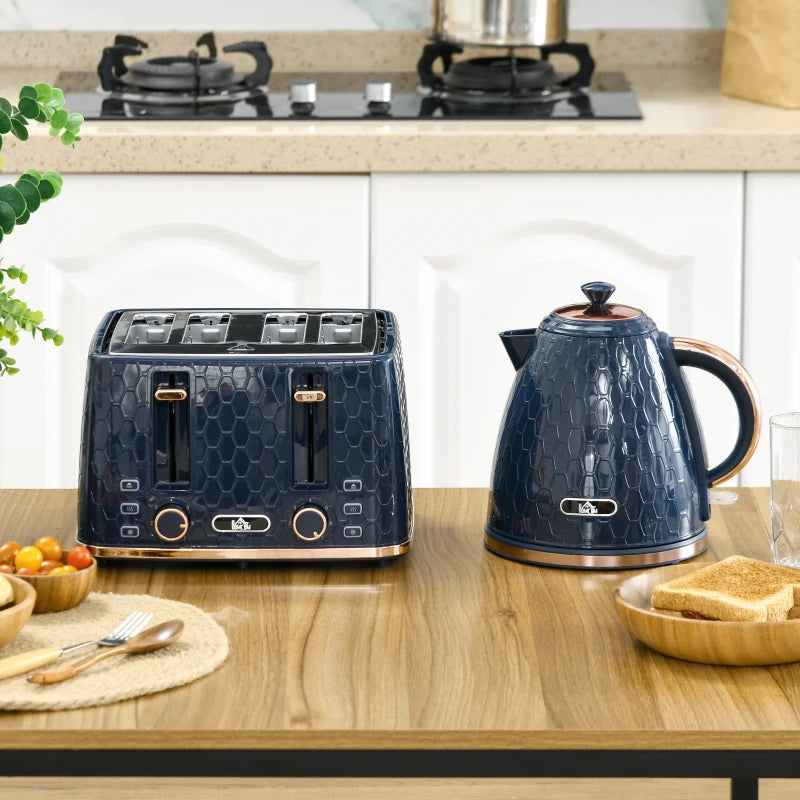 Blue Kettle and Toaster Set - 1.7L Fast Boil Jug Kettle & 4 Slice Toaster with 7 Browning Levels, UK Thermostat