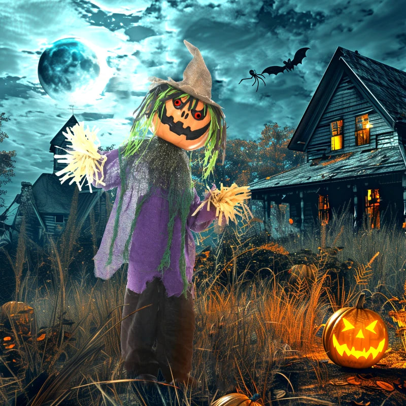 3'6" Pumpkin Scarecrow Halloween Animatronic with Glowing Eyes - Spooky Outdoor Decoration for Halloween Parties