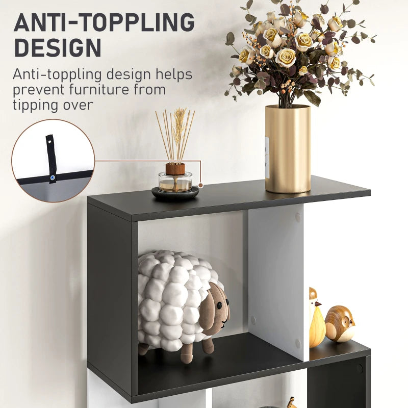 S-Shaped Wooden Bookcase - 5/6 Tier Freestanding Storage Shelf for Home Office - Black & White Decorative Display Rack