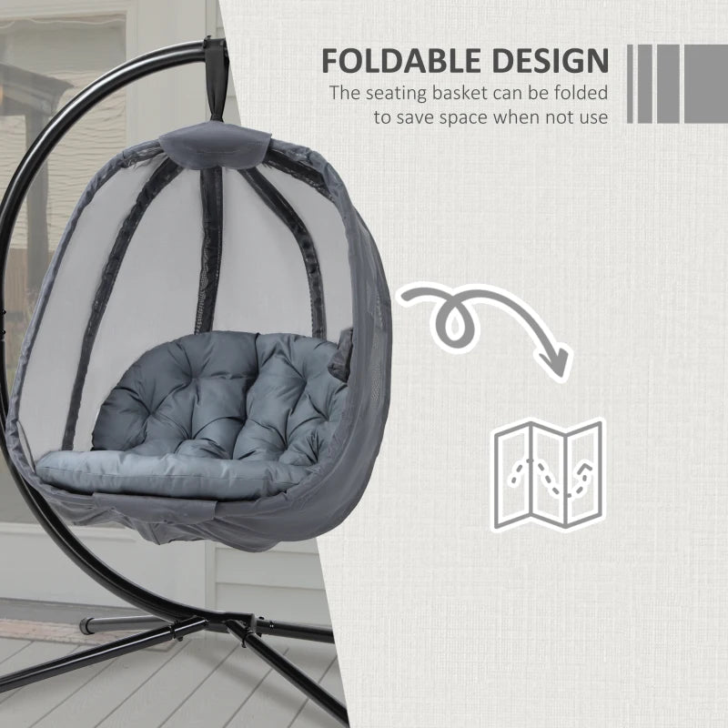 Grey Hanging Egg Chair with Side Pocket and Stand