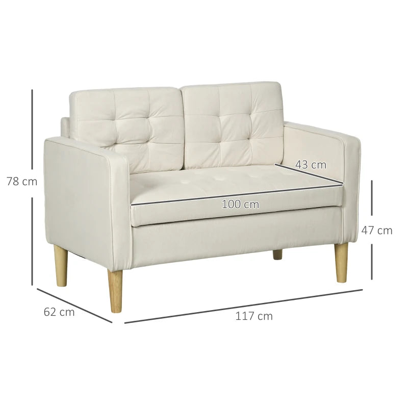 Compact Modern Loveseat Sofa with Hidden Storage, 117cm Tufted Cotton Couch, Cream White, Ideal for Small Spaces