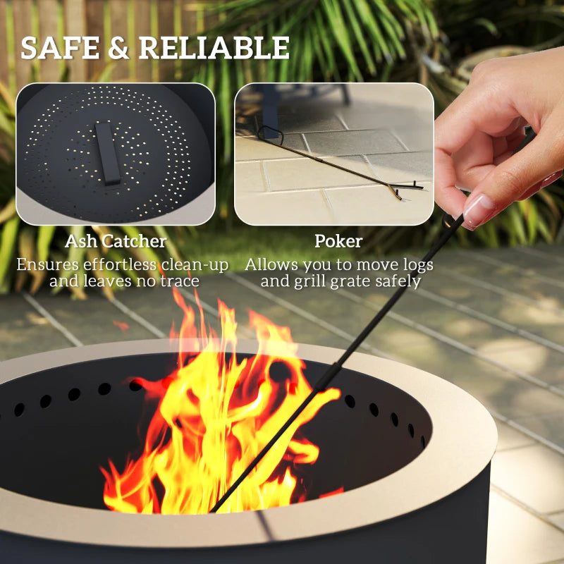 Portable 58 cm Round Fire Pit with Grill Grate, Ash Catcher & Poker for Camping, BBQ