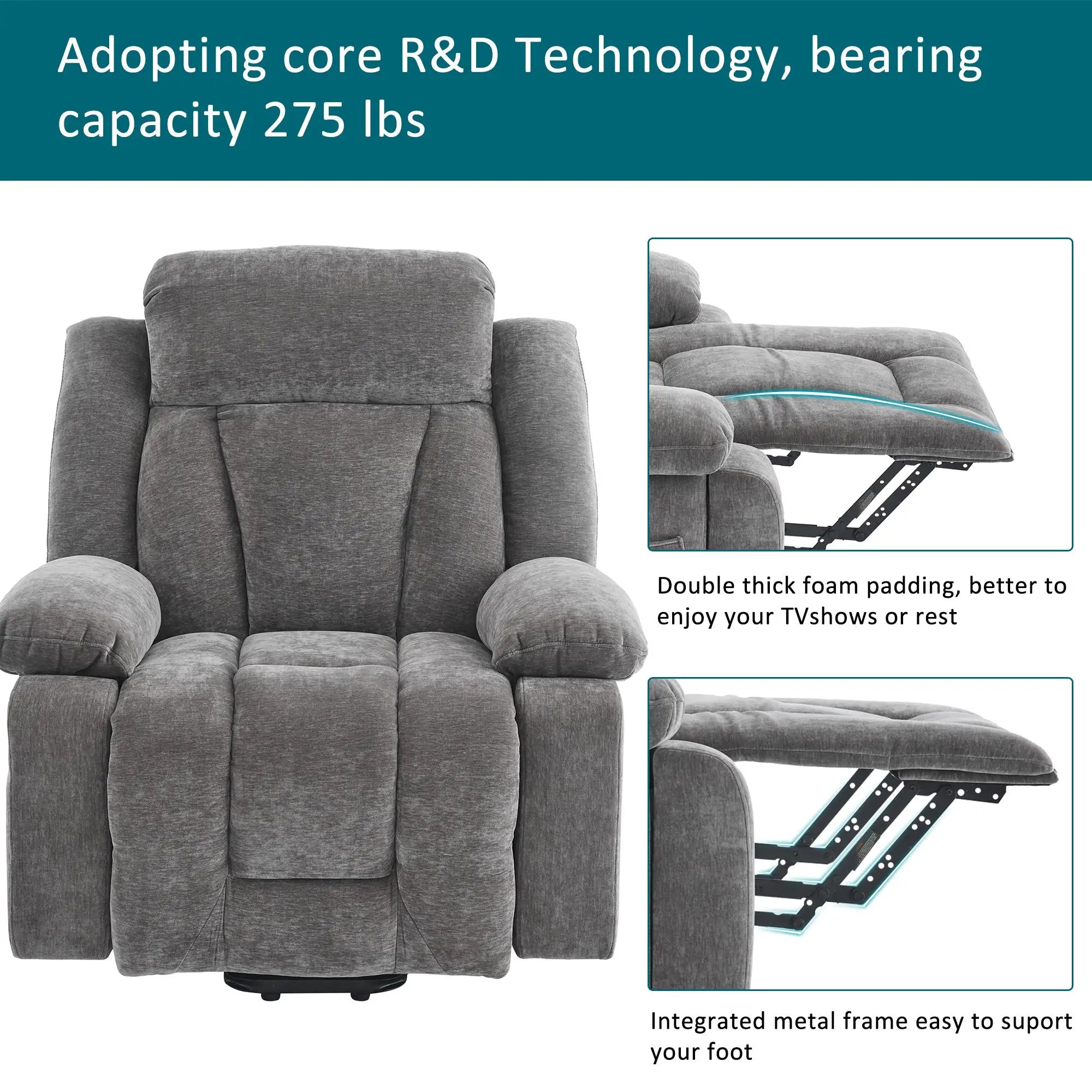 RelaxMax ProLift Electric Recliner – Heated Massage Chair with USB Ports, Storage Pocket & Easy Assembly, 95×94×107 cm, Grey