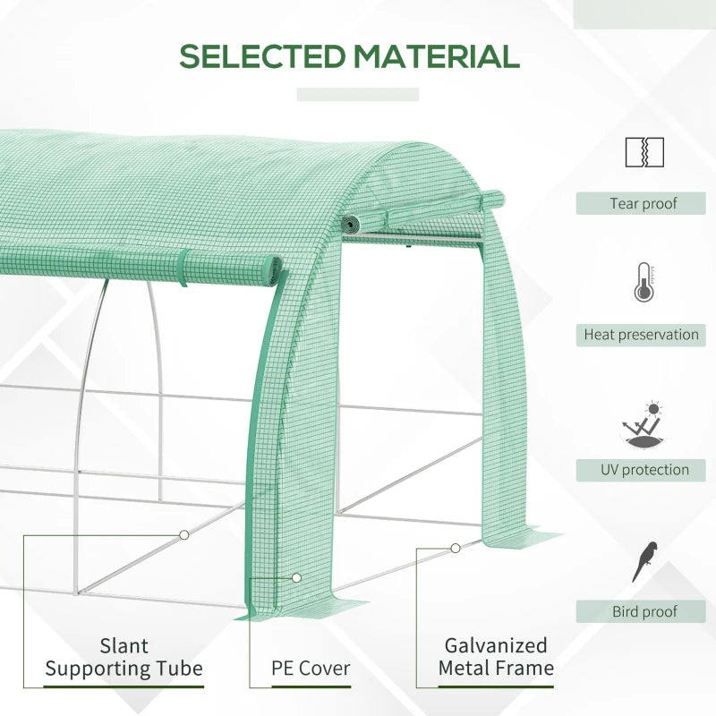 Green Walk-in Polytunnel Greenhouse with Roll-up Sidewalls, Zipped Door, 8 Windows - 4x3x2m