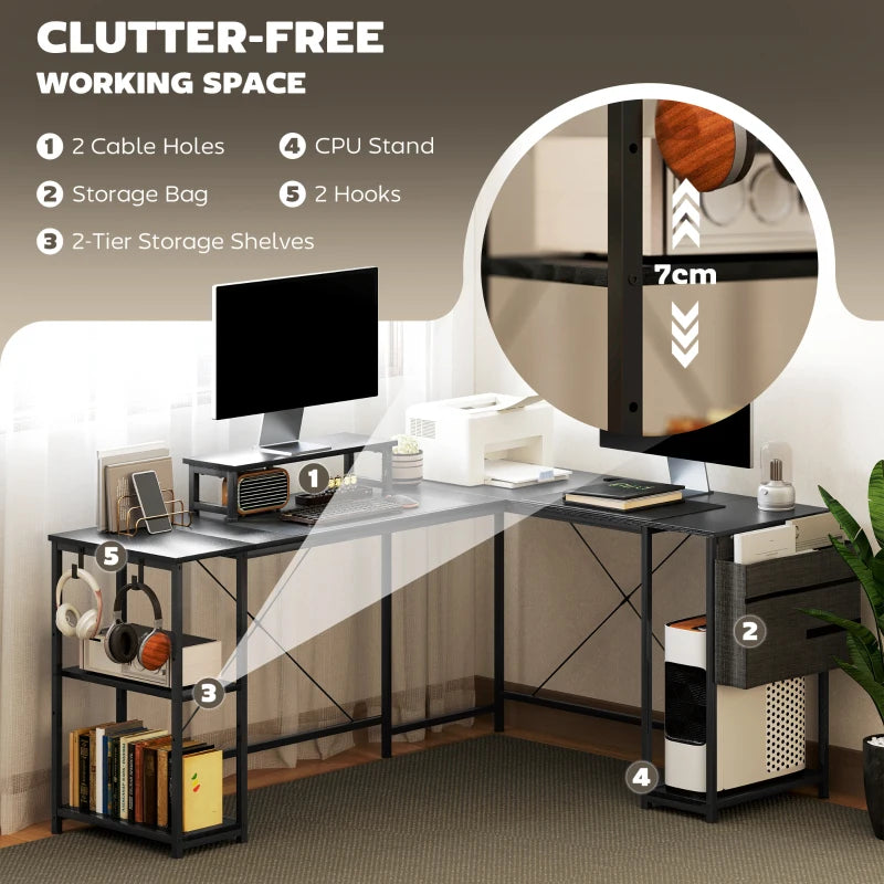 Reversible 168cm L Shaped Desk - Industrial Corner Computer Table with Adjustable Shelf & Storage Bag, 240cm for 2 Users, Black