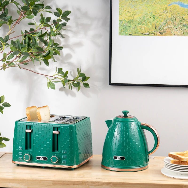 Green Kettle and Toaster Set - 1.7L Fast Boil Jug Kettle & 4 Slice Toaster with 7 Browning Levels, UK Thermostat
