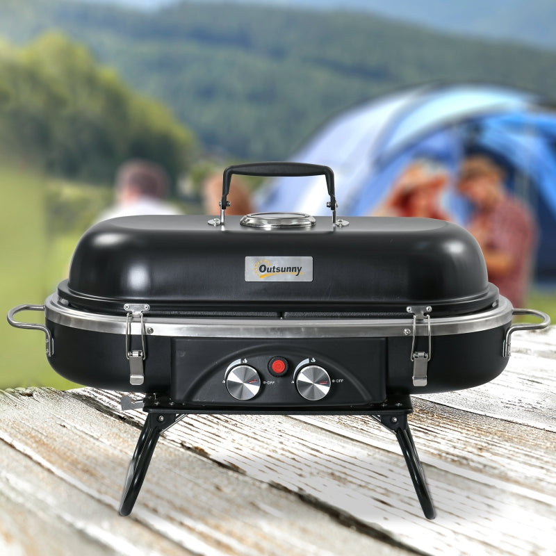 Portable 2-Burner Gas BBQ Grill with Lid and Thermometer, Silver