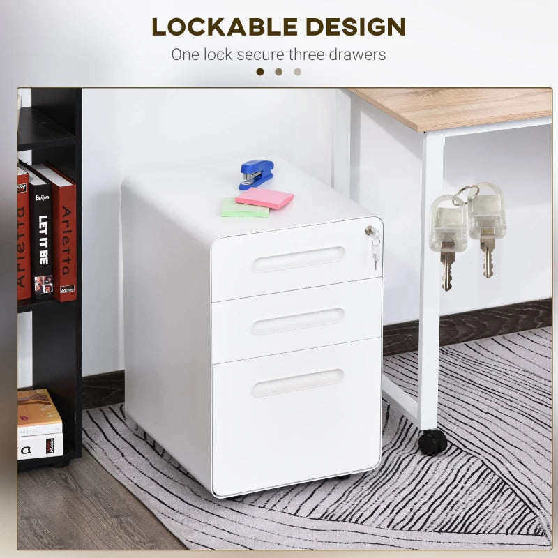 Vinsetto Lockable File Cabinet - 3 Drawer Vertical Office Storage for A4, Letter, Legal - Anti-Tilt, Pre-Assembled, White