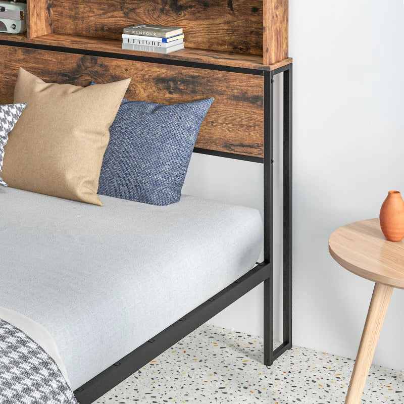 Industrial King Bed Frame with Storage Headboard & Footboard, 5.2FT Steel Base, Slatted Support, Rustic Brown, 158x222cm