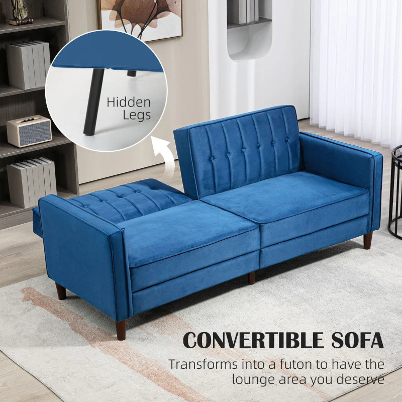 Velvet-Feel Three-Seater Sofa Bed in Blue for Stylish Living Room Comfort