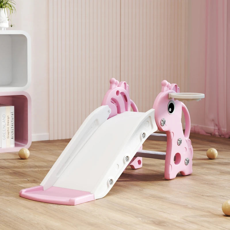 Giraffe Shape 3 in 1 Kids Slide Climber with Basketball Hoop for Indoor Play Age 1-3 Pink
