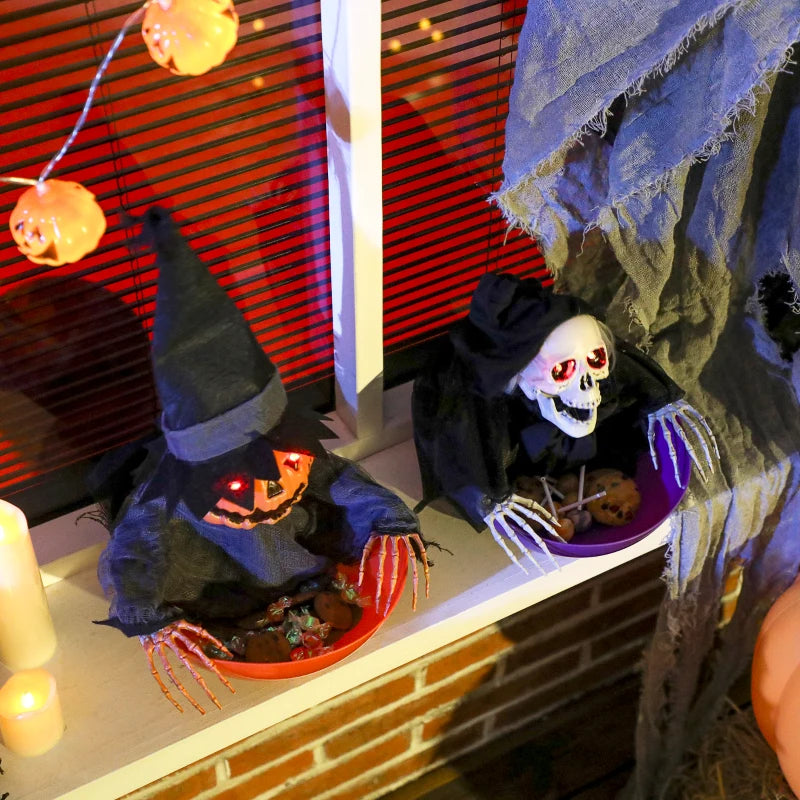 2pcs Animated Halloween Skull Bowl Set - LED Eyes, Moving Body, Creepy Sound - Skeleton Candy Dish for Party & Haunted House Decor