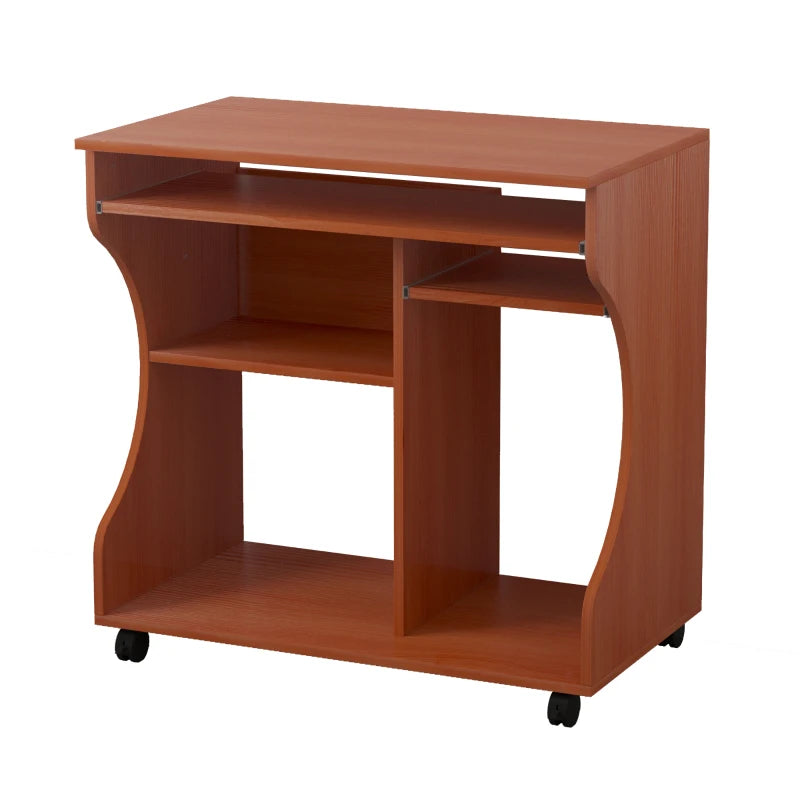 Multi-Storage Compact Work Desk on Wheels - Cherry Wood Finish, Space-Saving Home Office Furniture