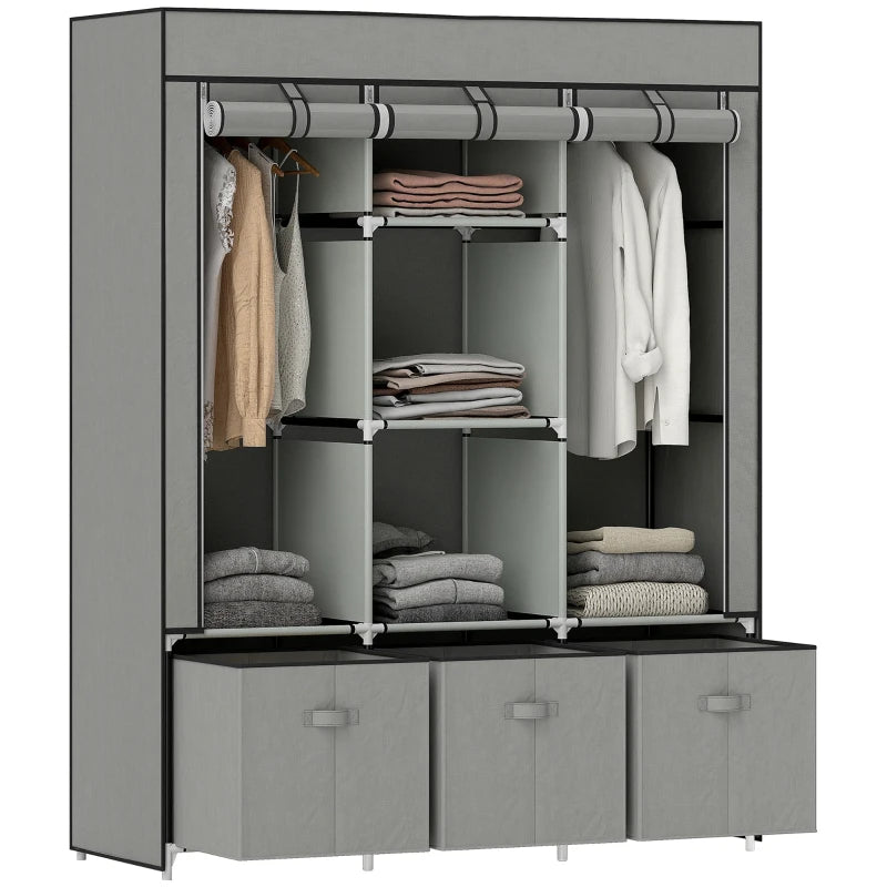 Portable Fabric Wardrobe with Shelves and Hanging Rails for Bedroom Storage Light Grey