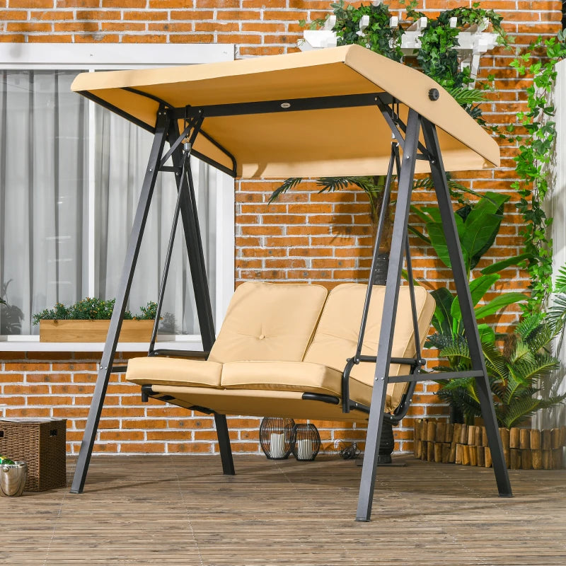 Beige 2-Seater Garden Swing Bench with Adjustable Canopy