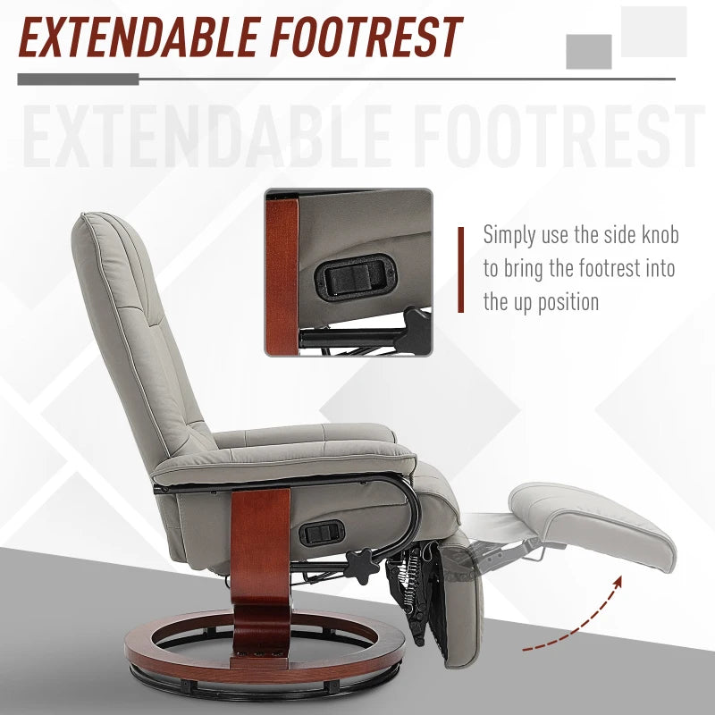 Grey Faux Leather Manual Recliner Armchair with Wooden Base for Living Room and Bedroom Comfort