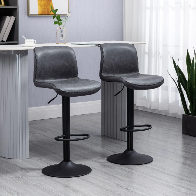 Set of 2 Dark Grey PU Leather Bar Stools with Backrest & Footrest for Kitchen, Counter & Breakfast Bar