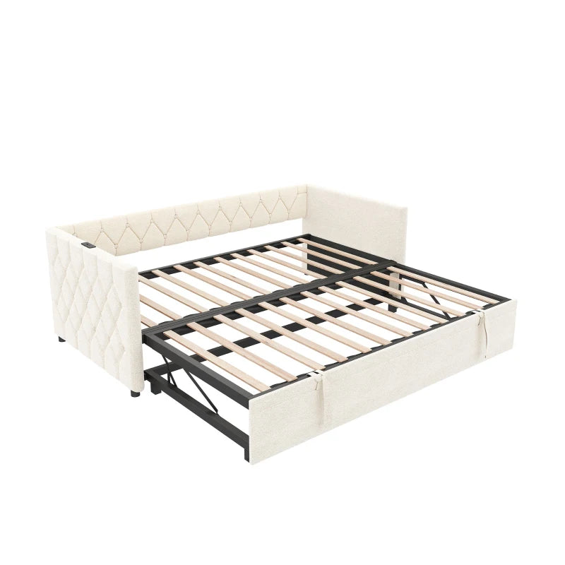 Upholstered Daybed with USB & Type-C Charging Station, Button-Tufted Sofa Bed for Compact Rooms, Beige, 206L x 193W x 71H cm