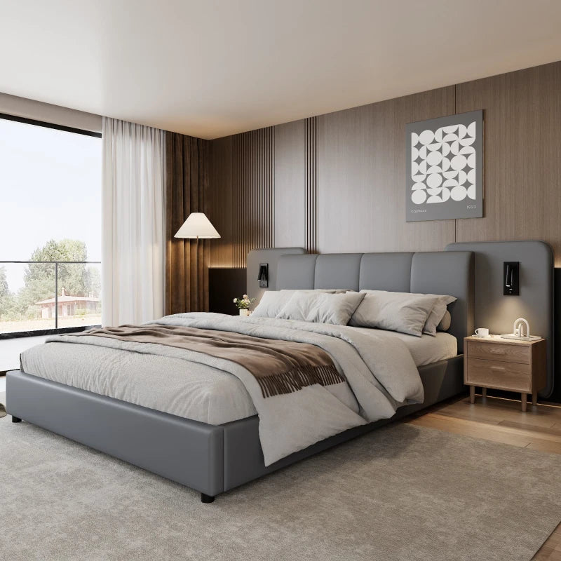 Upholstered Full-Size Double Bed with Charging Port & LED Lighting - Grey, Impact-Resistant Sponge Padding, 209L x 221W x 86.5H cm
